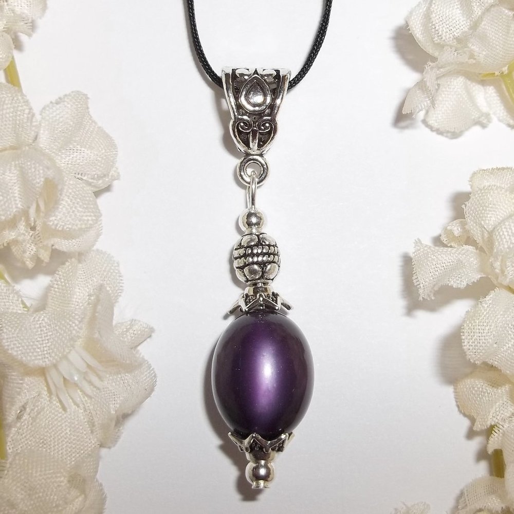 Purple & Silver Beaded Pendant Necklace Set 5409